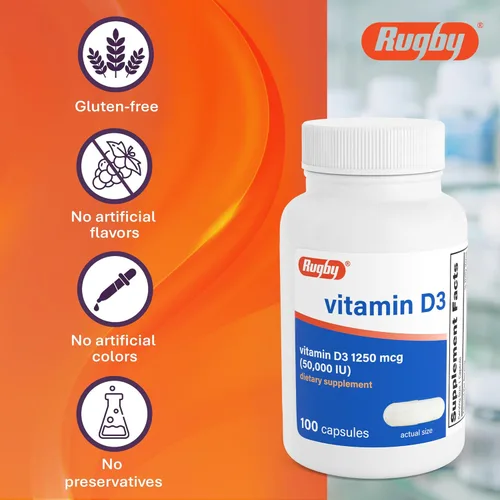Vista 6 de Rugby Vitamina D3 50,000 UI (1250 mcg) - Suplemento de vitamina D de alta potencia para huesos, dientes e inmunidad, 100 cápsulas