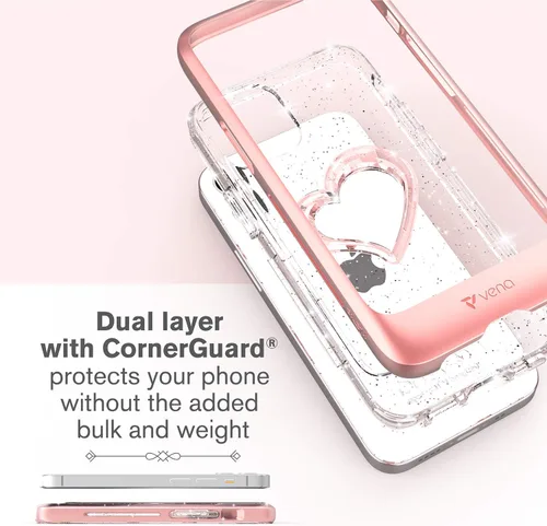 Vista 3 de VENA Funda para iPhone 12 Mini con purpurina, vLove (forma de corazón, protección de CornerGuard), funda híbrida delgada y transparente de doble