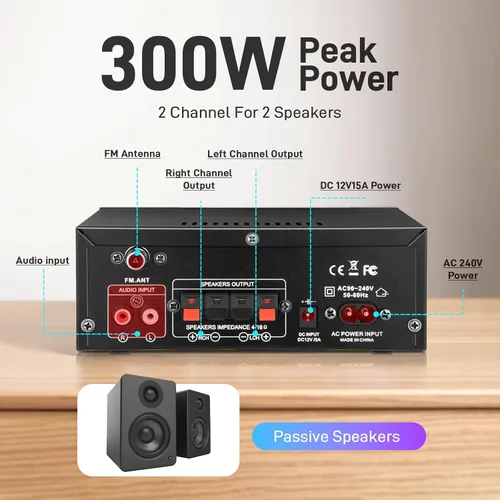 Vista 3 de AK45 Amplificador de audio estéreo para el hogar con receptor Bluetooth 5.0, 300 W+300 W Bluetooth HiFi AMP amplificador de potencia 2.0 canales RMS