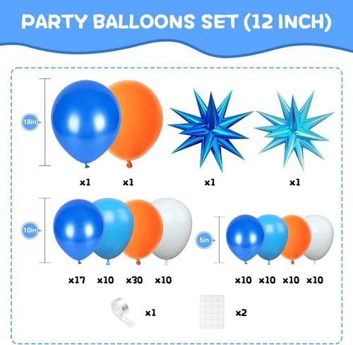 Vista 2 de Kit de arco de globos azul y naranja, kit de guirnalda de 120 globos de color azul claro, blanco y naranja con globos de látex cromados de 4D