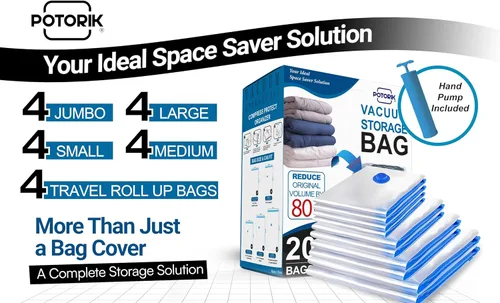 Vista 2 de Bolsas de almacenamiento al vacío, paquete de 20 (4 jumbos/4 grandes/4 medianos/4 pequeños/4 rollos) - Bolsas de compresión ahorradoras de espacio