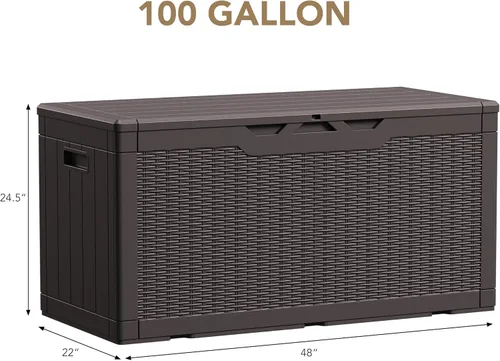 Vista 6 de Devoko Caja de Cubierta de Resina Impermeable Grande de 100 Galones para Interiores y Exteriores, Contenedor de Almacenamiento con Cerradura