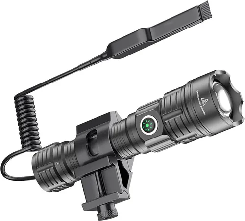 Vista 2 de Linterna táctica recargable USB tipo C de 6000 lúmenes, linterna LED con zoom impermeable con interruptor de presión, riel Picatinny