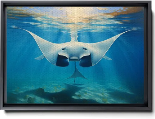 Nautical Print on Canvas for Wall Decor, Ocean Fish Manta Ray Canvas Wall Art, Beach Print for Wall Hang, Turquoise Coastal Pictures Wall Decor,