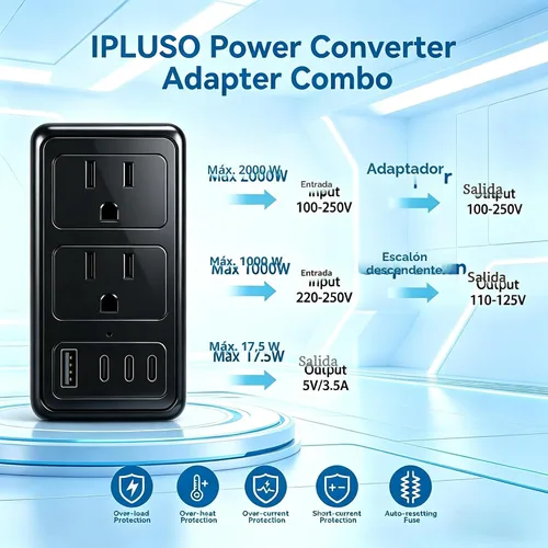 Vista 5 de Convertidor de voltaje de 2000 W de EE. UU. a Europa para secador de pelo, convertidor para viajes europeos, adaptador de convertidor de corriente