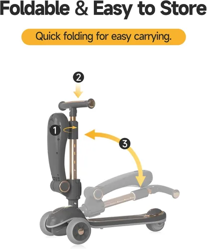 Vista 5 de 2-in-1 Toddler Scooter with Removable Seat, 3 Wheel Kids Scooter with Lean-to-Steer, Adjustable Handlebars, Wide Anti-Slip Deck, LED Light-Up Wheels