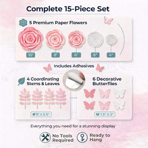 Vista 7 de Rainbows & Lilies 15pc Large Paper Flowers Decorations for Wall - Reusable 3D Wall Decor for Girls Room, Nursery & Kids Bedroom - Pink & White