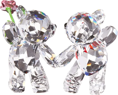Vista 2 de SWAROVSKI Kris Bears Happy Together - Juego de figuras de cristal Swarovski transparente con un corazón rojo y acento de flor rosa, parte