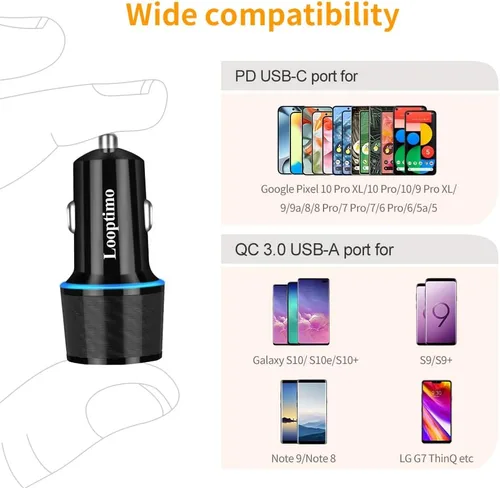 Vista 3 de Cargador de coche USB C rápido de 45 W para Google Pixel 10/10 Pro/10 Pro XL/9/9a/8/7, Galaxy S26+/S25 Ultra, Looptimo Android Phone Plug PD y QC3.0