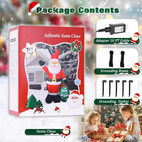 Vista 6 de Thanger - Papá Noel inflable navideño de 7 pies con bolsa de regalo verde, luces LED integradas, decoración navideña para interior y exterior