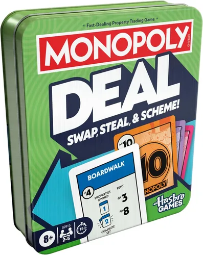 Juego de cartas Monopoly Deal en lata de almacenamiento coleccionable, a partir de 8 años, 2 a 5 jugadores, 15 minutos, divertidos juegos familiares
