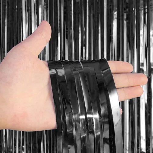 Vista 6 de Paquete de 2 cortinas negras con flecos de aluminio, cortinas de flecos grandes, serpentinas de puerta para cumpleaños, bodas, despedidas