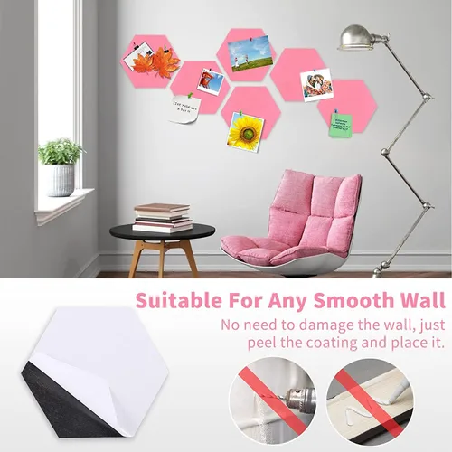 Vista 5 de 6 azulejos hexagonales de fieltro para pared, tablero de corcho autoadhesivo, tableros de anuncios hexagonales con pasadores, tablero de corcho