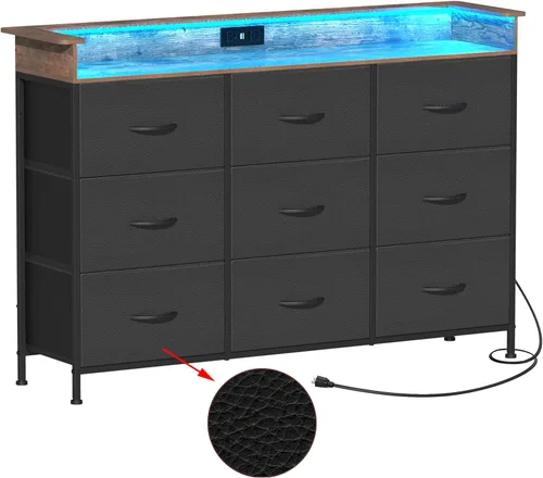 Vista 8 de EXOTICA Cómoda negra para dormitorio con estación de carga, 9 cajones con luz LED y puertos USB para pasillos, armarios de entrada, marco de acero