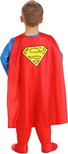 Vista 5 de Disfraz clásico de Superman para niños pequeños, traje de superhéroe rojo y azul y capa roja para cosplay de superhéroes y Halloween