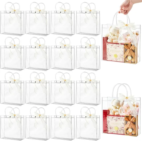 Vista 23 de Ohuimrt 20 bolsas de regalo de plástico transparente con asas, bolsas de recuerdo para fiestas reutilizables con cinta, bolsas de regalo