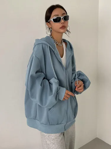 Vista 3 de MAKEMECHIC Sudadera con capucha para mujer, con forro térmico de gran tamaño, con cremallera, manga farol, con capucha