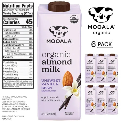 Vista 2 de Mooala – Leche de almendras orgánica en grano de vainilla, sin azúcar, 1 litro (paquete de 6) – Bebida estable en estantes, no lácteos, sin gluten