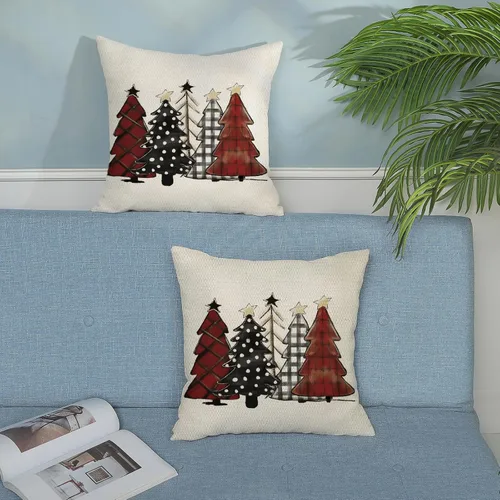 Vista 3 de Fundas de almohada navideñas 16x16 Juego de 2 Fundas de almohada decorativas de lino rojo de Navidad Funda de almohada de búfalo Árboles de Navidad
