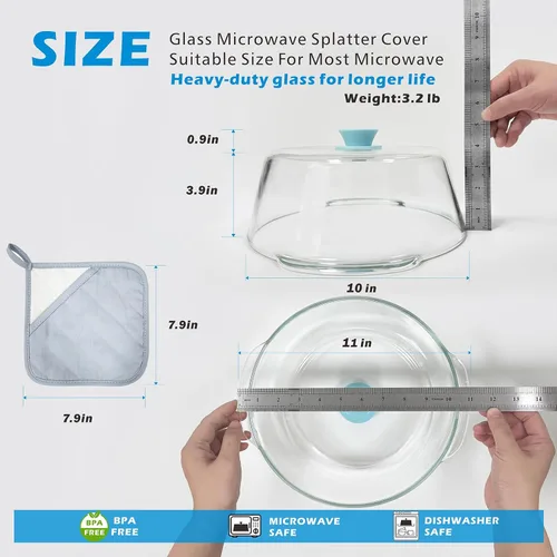 Vista 6 de Tapa alta de vidrio para microondas contra salpicaduras para alimentos con orificio de ventilación 100% segura para alimentos, tapa protectora