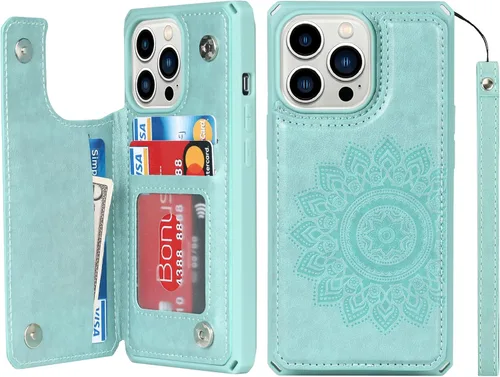 Vista 10 de iCoverCase Funda compatible con iPhone 13 Pro tipo cartera con tarjetero para mujer, bloqueo RFID en relieve, de piel sintética, con correa