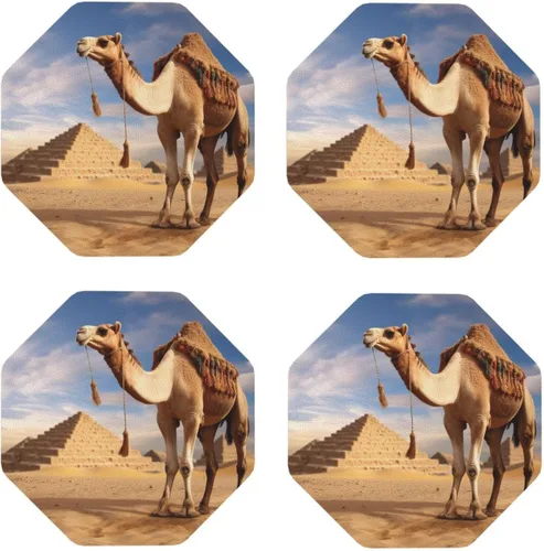 Vista 2 de Camel Print Leather Coaster Drink Coasters Set of 4 Waterproof Funny Coaster for Drinks Round Cups Mugs Mat Pad for Kitchen Home Decor