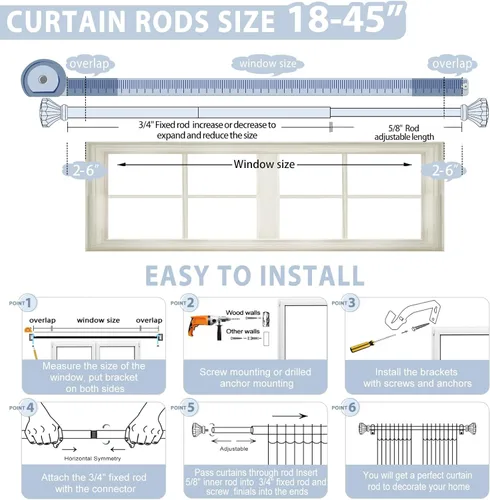 Vista 7 de TVWOO Barras de Cortina de Cristal Decorativas Doradas de 18 a 45 Pulgadas: Barras de Cortinas de Ventana Ajustables de Servicio Pesado para Sala