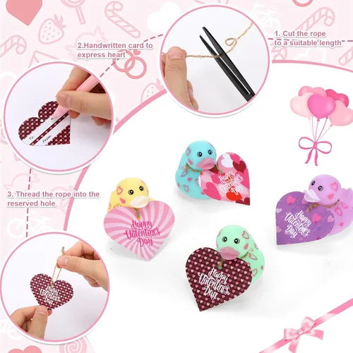 Vista 4 de Jerify 12 patos de goma de San Valentín de 2 pulgadas a granel con tarjetas de regalo, mini patos de goma con corazón, juguetes de baño, regalo