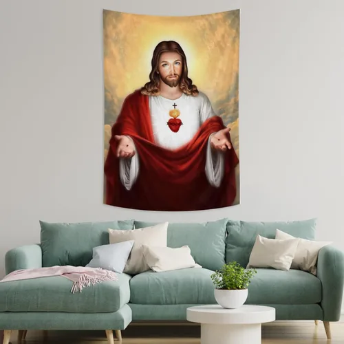 Vista 2 de Conank Tapiz de Jesús, arte de pared de Dios, tapices de Jesús, decoración de lienzo para sala de estar, dormitorio, decoración del hogar, 40 x 24