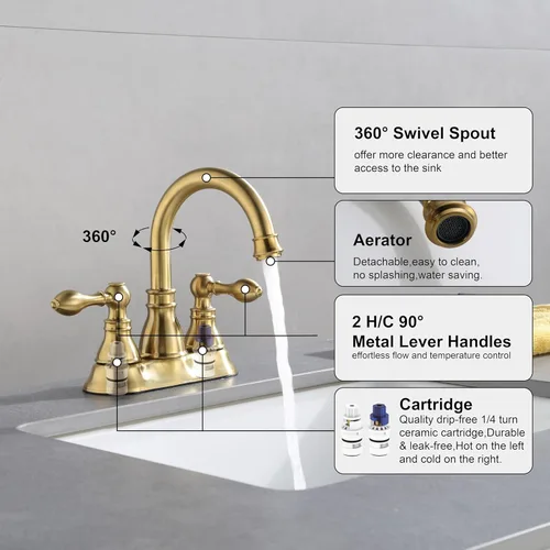 Vista 4 de Grifo de lavabo de baño de dos manijas con drenaje emergente, boquilla giratoria de 360, grifo de lavabo central de 4 pulgadas sin líneas