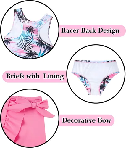 Vista 5 de Traje de baño tankini de 3 piezas para niñas, lindo bikini con salida de baño con falda de playa de 6 a 12 años