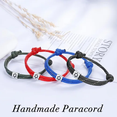 Vista 3 de J.Endéar Pulsera náutica con diseño de estrella de David, hecha a mano con cuerda de paracaídas de plata de ley 925, pulsera de protección