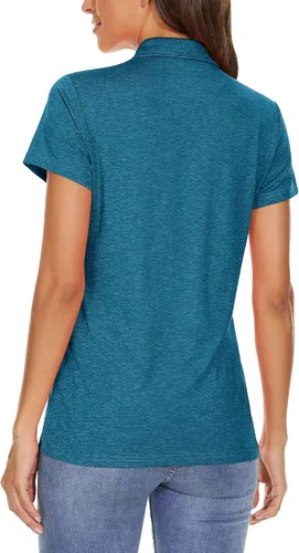 Vista 2 de MAGCOMSEN Camisas polo de manga corta para mujer, con 4 botones, estilo casual, con cuello de trabajo, camisas de golf que absorben la humedad