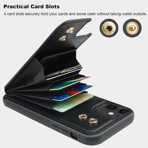 Vista 4 de Folosu Funda compatible con iPhone 11, cartera con tarjetero y rotación de 360°, soporte de anillo de dedo con función atril, bloqueo RFID, piel