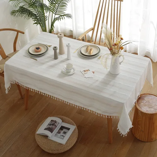 Vista 2 de Gernaice Mantel bordado de rayas rústicas con borlas pesadas, mantel rectangular de lino y algodón, sin arrugas, lavable, para café, sala de estar