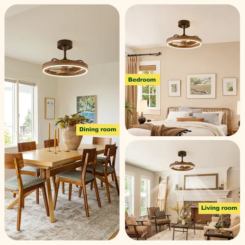 Vista 8 de Farmhouse Fandelier Retro Ceiling Fan with Light, 20" Rustic Brown Dimmable LED Chandelier Ceiling Fans, Low Profile Smart Bladeless Ceiling Fan
