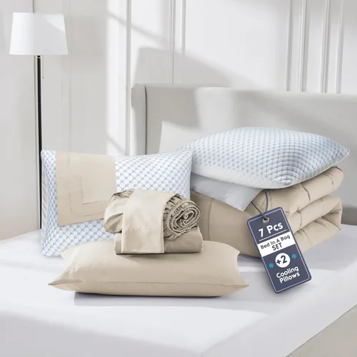 Nestl Juego de edredón individual de 7 piezas, cama reversible beige en una bolsa, juego completo de ropa de cama tamaño individual con sábanas,