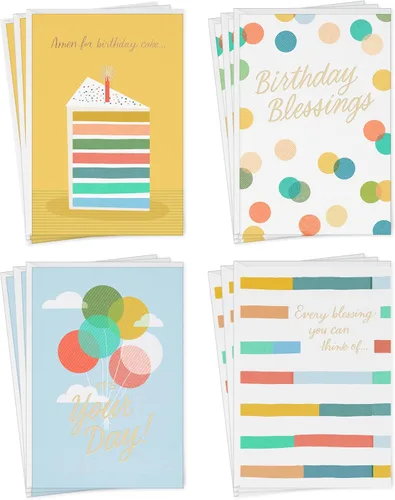 Hallmark Assorted Birthday Cards, Bright and Blessed (3 Each of 4 Designs, 12 Cards and Envelopes) for Kids, Grandchildren, Faith Community