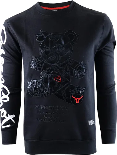 SCREENSHOT - Sudadera de forro polar prémium para hombre, estilo urbano de hip hop de NYC, con cuello redondo, moda de calle activa F1113-negro/Negro