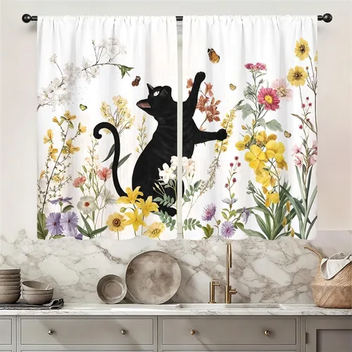 Vista 9 de Cortinas de cocina con estampado floral verde azulado de 27.5 pulgadas de ancho x 39 pulgadas de largo, 2 paneles con bolsillo para barra, rústicas