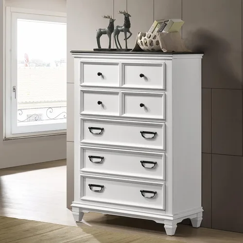Vista 6 de Clelane - Juego de dormitorio de madera con cama Queen con panel Shiplap, tocador, espejo, mesita de noche y cofre en blanco desgastado y gris oscuro