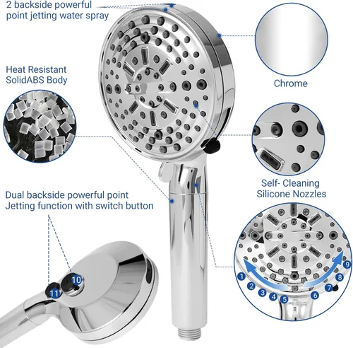 Vista 5 de Cabezal de ducha filtrado con mano, tamaño de flujo de agua ajustable, cabezal de ducha multimodo de gotas de iones, equipado con manguera de acero