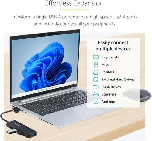 Vista 2 de StarTech.com Hub USB-A de 4 puertos, transferencia de datos USB 3.0 (5Gbps), alimentado por bus, mini hub de viaje, divisor USB portátil