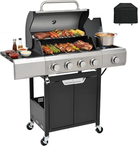 Vista 11 de EUHOME Parrilla de gas de 3 quemadores de acero inoxidable, parrilla de barbacoa al aire libre de 25650 BTU con mesa auxiliar, área de cocción