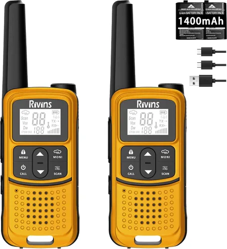 Radios Walkie Talkies de largo alcance: Rivins F22 Walkie Talkies recargables para adultos, NOAA, batería de 1400 mAh, cable USB-C, linterna, VOX,