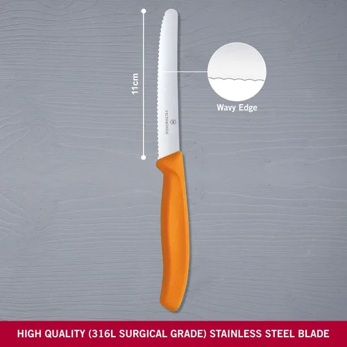 Vista 2 de Victorinox VIC-6.7836.L119 Swiss Classic Utility - Cuchillo de utilidad de 4½" con hoja redonda serrada de ¾" de ancho en el mango color naranja