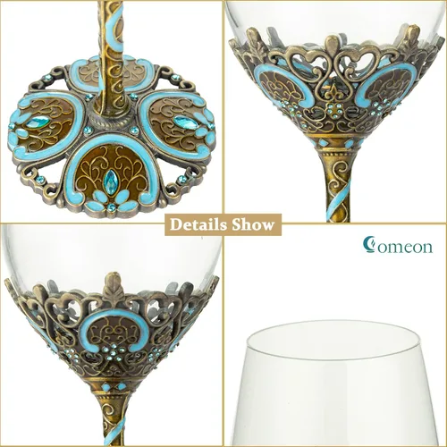 Vista 2 de Comeon Copas de vino transparentes hechas a mano, copas de vino tinto, juego de 2 copas de esmalte floral (azul)