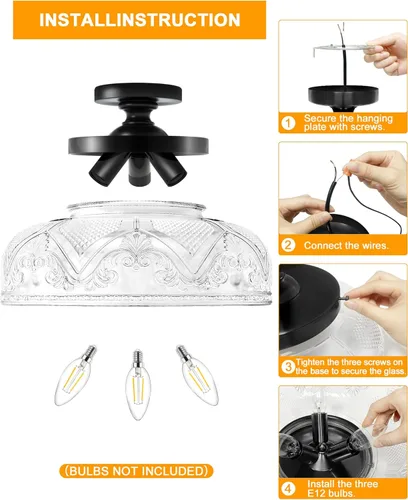 Vista 8 de Lámpara de Techo Semiempotrada, Luminaria de Techo Grande Negra de 12 Pulgadas, Luminaria de Cocina Industrial de 3 Luces con Globo de Cristal