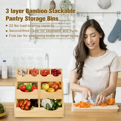 Vista 5 de Contenedores de Almacenamiento de Despensa de Bambú de 3 Niveles Mejorados - Contenedor Apilable para Papas y Cebollas, Cestas de Almacenamiento