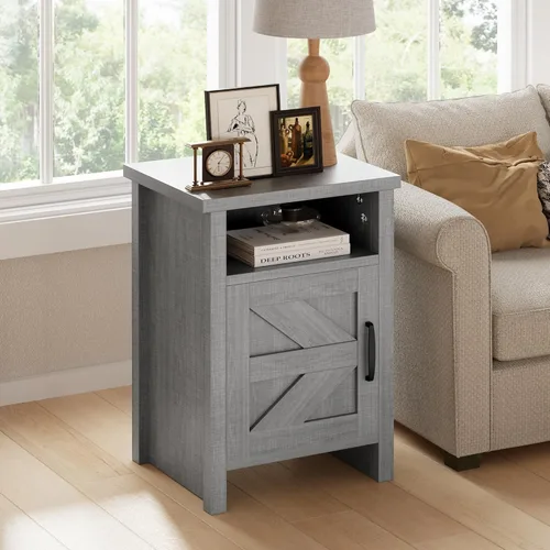 Vista 2 de JUMMICO Mesita de noche de estilo granja, mesa de noche moderna con puerta de granero y estante, mesa auxiliar rústica para dormitorio, sala de Gris